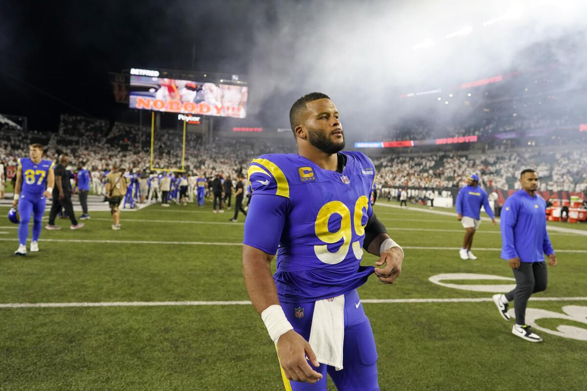 Aaron Donald on the field after the game.