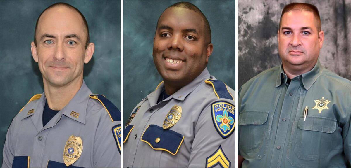 Left to right, Baton Rouge police officers Matthew Gerald and Montrell Jackson and East Baton Rouge Parish Deputy Brad Garafalo were killed by Gavin Eugene Long on Sunday.