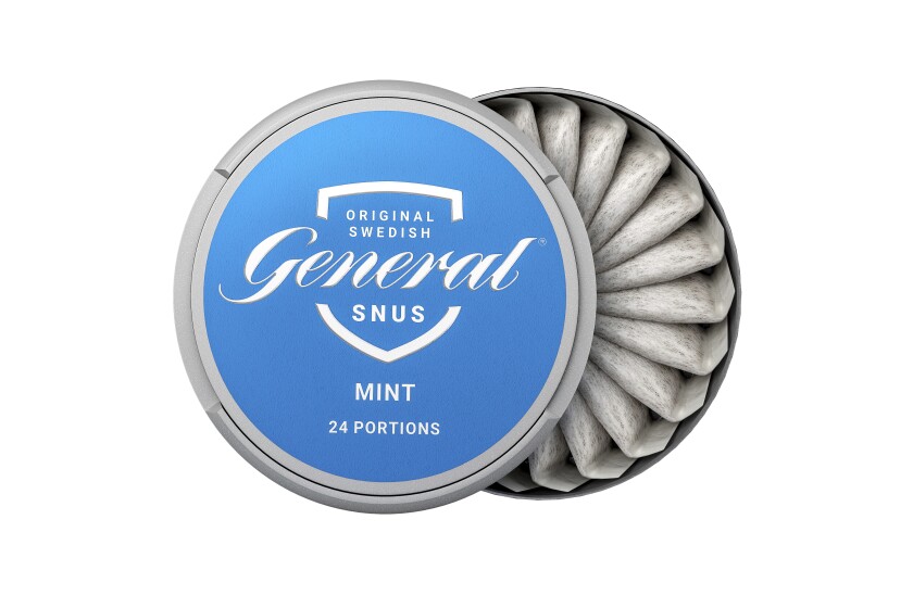 Imagen proporcionada por Swedish Match en 2019 del producto derivado del tabaco embolsado “General Snus”. (Swedish Match via AP)