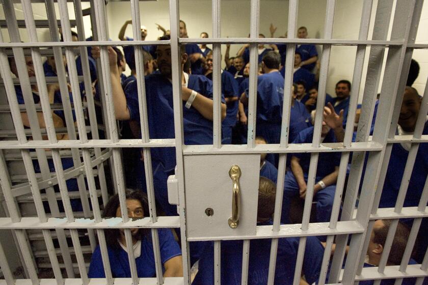 Vander Brug, Brian –– – 107512.ME.0209.jail.BRV –– Dozens of men wait in a crowded holding cell at the county's Inmate Reception Center in downtown Los Angeles February 16 2006 while waiting for their bed assignments. Thousands of criminals who are arrested serve only 10 percent of their sentences and many commit crimes when they should still be in jail.