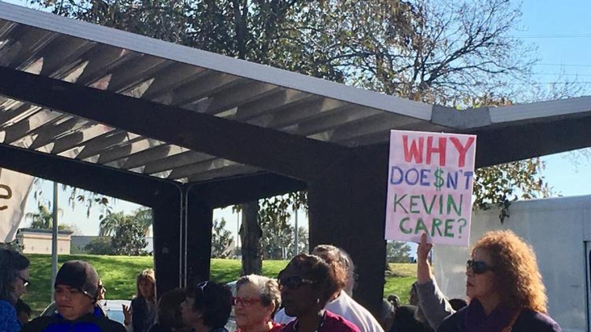 Demonstrators target House Majority Leader Kevin McCarthy in a pro-Obamacare rally in Bakersfield