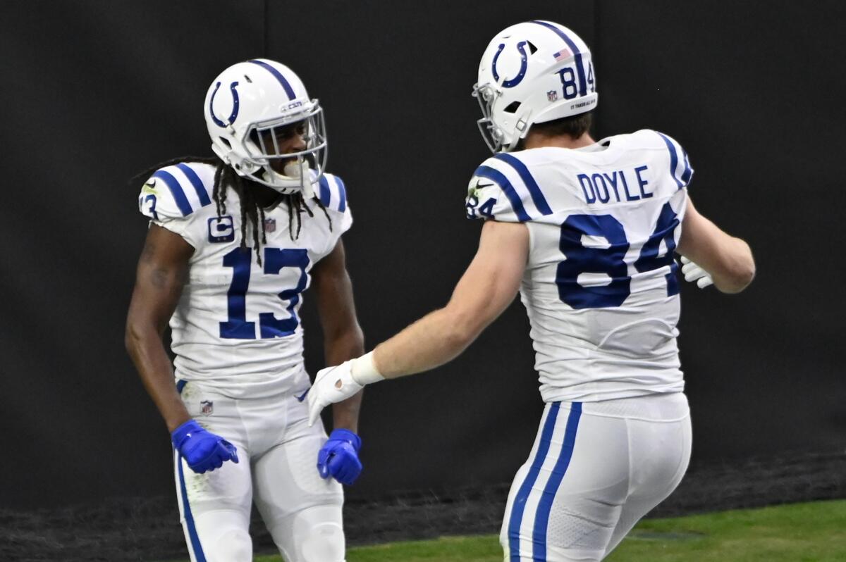 Indianapolis Colts wide receiver T.Y. Hilton celebrates with tight end Jack Doyle.