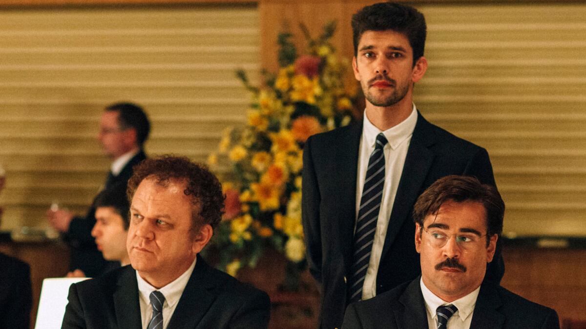 John C. Reilly, left, Ben Whishaw and Colin Farrell in "The Lobster."