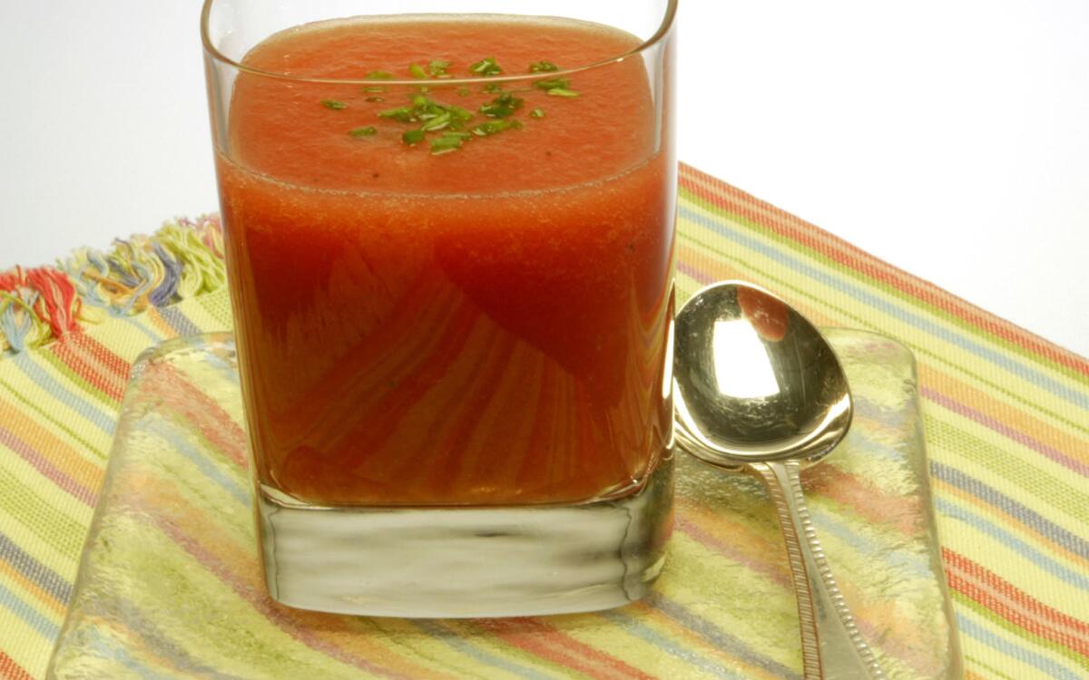 Chilled tomato-beer soup served in a glass