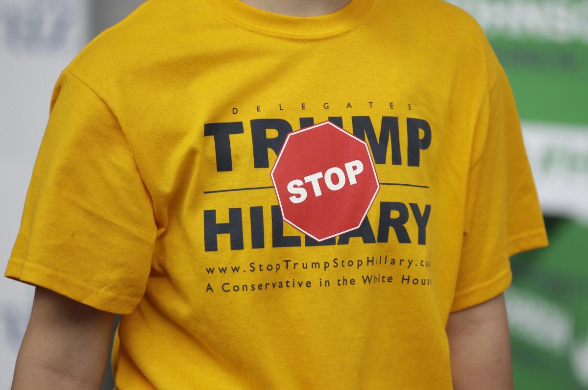 A protester at the Utah Republican Party convention in Salt Lake City last April makes his displeasure with both major party candidates known.