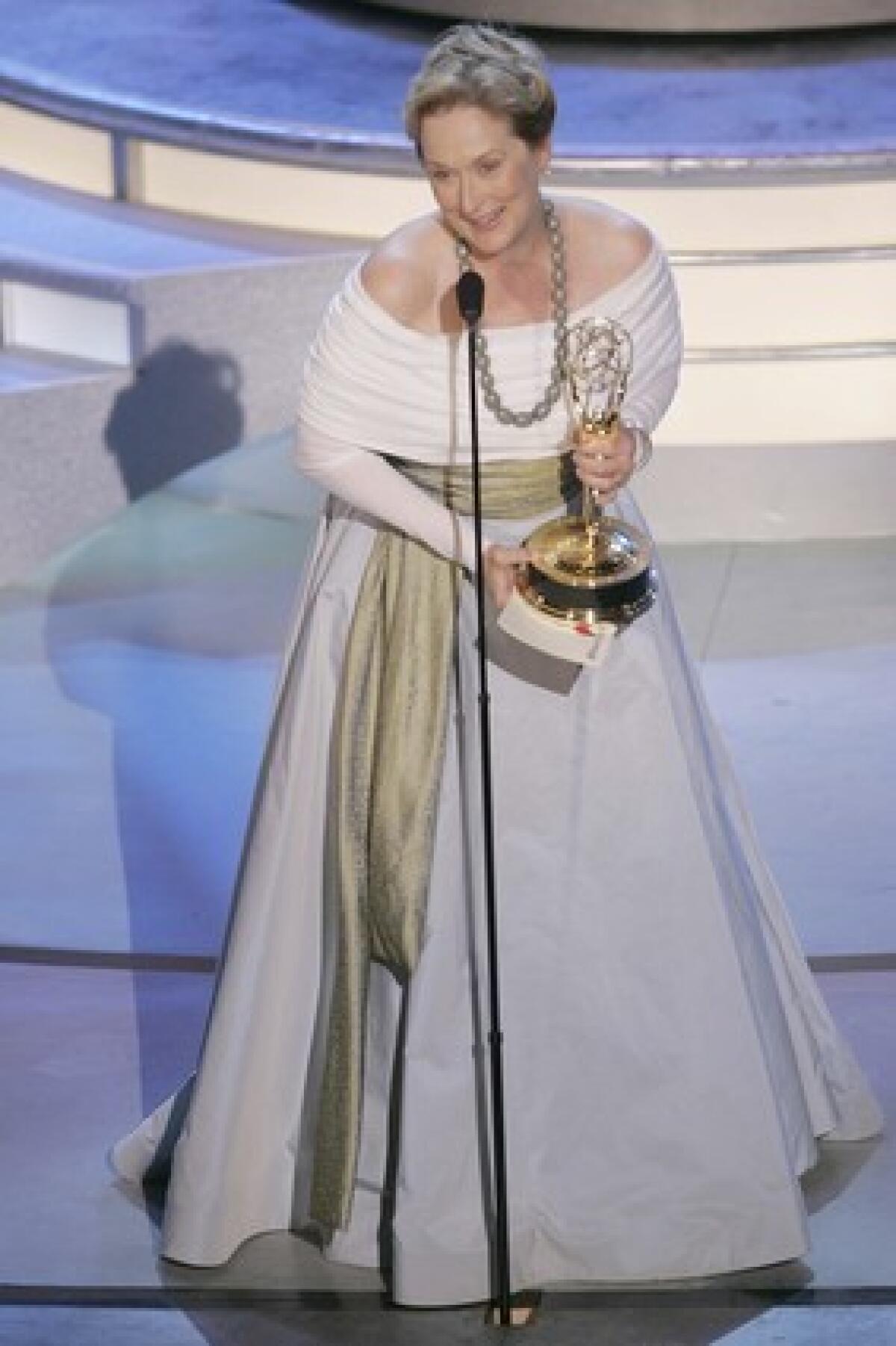 Meryl Streep onstage delivering her Emmy speech.