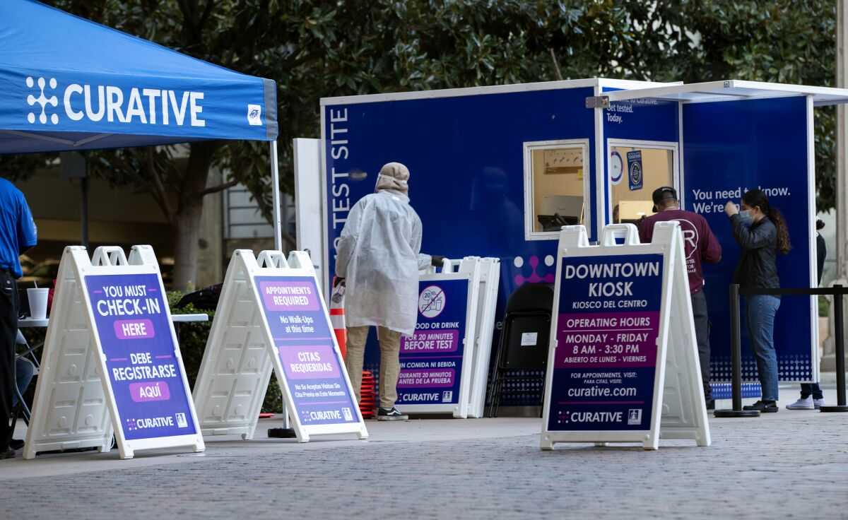A coronavirus testing kiosk outside Riverside City Hall.