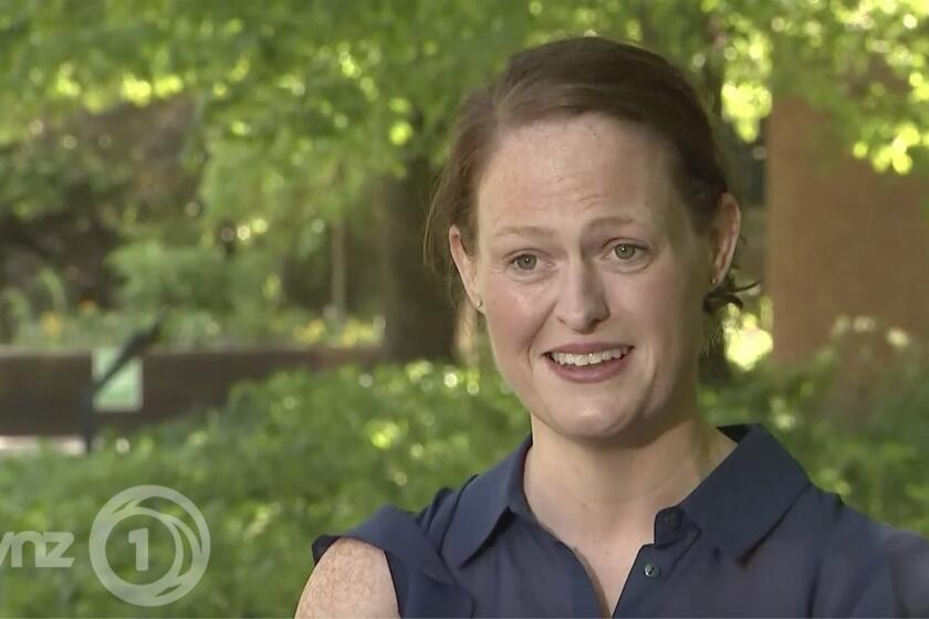 In an image made from video taken on April 22, 2020, New Zealand nurse Jenny McGee speaks about her efforts to help save coronavirus patient British Prime Minister Boris Johnson during an interview in London. McGee was one of two National Health Service nurses who were singled out for praise by the British Prime Minister after he was discharged from St. Thomas’ Hospital in London earlier this month. Johnson, 55, was the first world leader confirmed to have the virus. (TVNZ via AP)