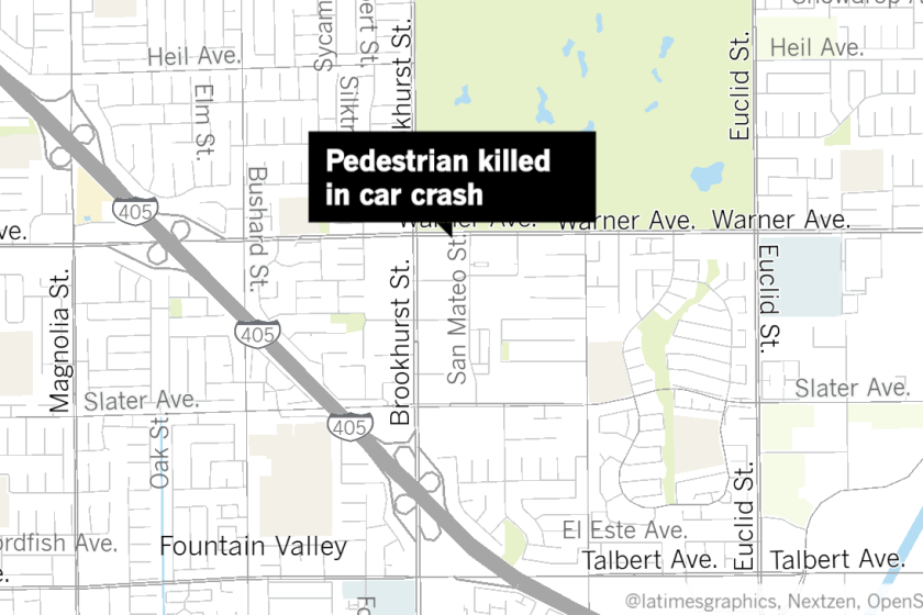 A pedestrian died after being struck in a car crash in Fountain Valley on Tuesday.

