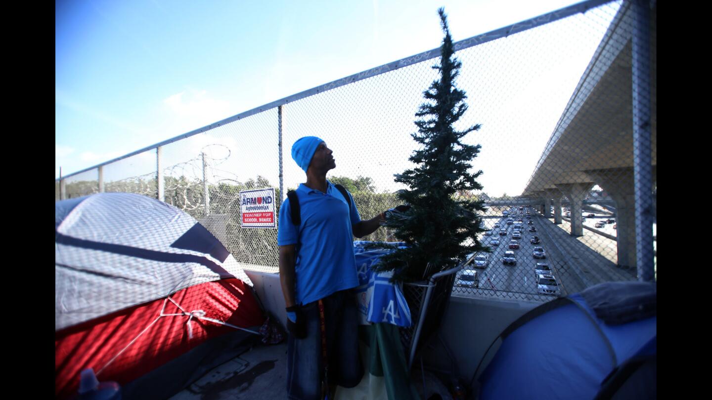 Charles Netherly, 40, tends to his Christmas tree standing next to his tent on the 42nd Street overpass above the 110 Freeway in downtown Los Angeles. Netherly has been homeless since 2010. "We really want society to know what's going on out here," Netherly said.
