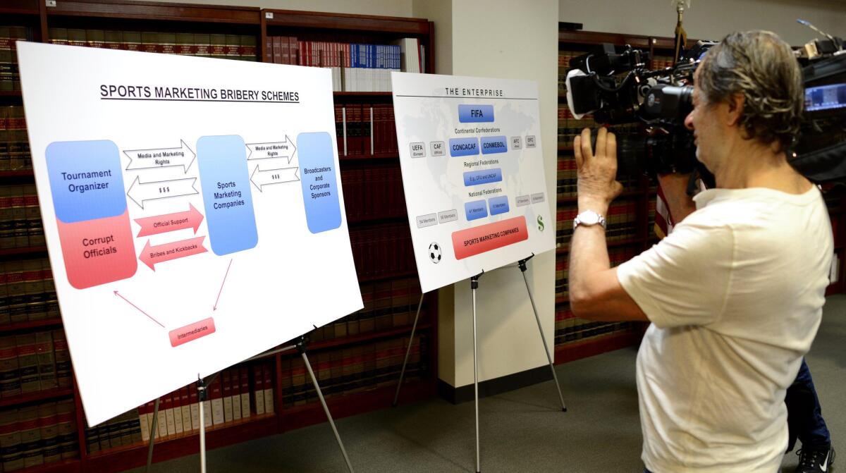 A cameraperson shoots the boards detailing the charges against FIFA officials Wednesday in New York.