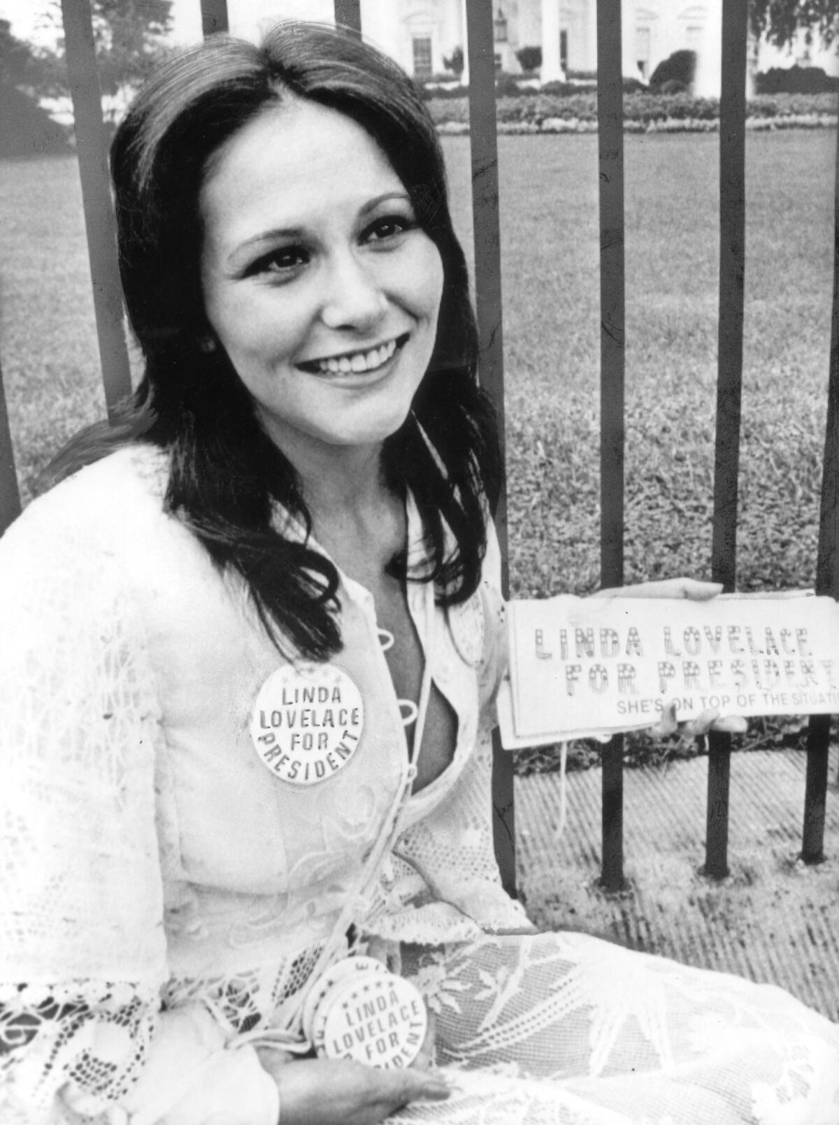 Linda Lovelace, then 24, outside the White House in 1974 publicizing her movie "Linda Lovelace for President." Born Linda Boreman, Lovelace died in 2002 from injuries sustained a car accident. (Los Angeles Times)