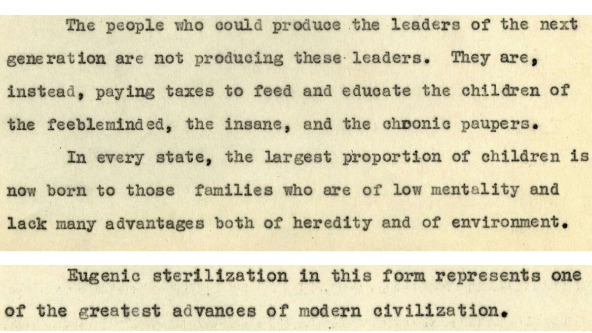 Excerpts from a pamphlet issued by the pro-eugenics Human Betterment Foundation in 1938, while Caltech President Robert A. Millikan was a member of the foundation's board of trustees.