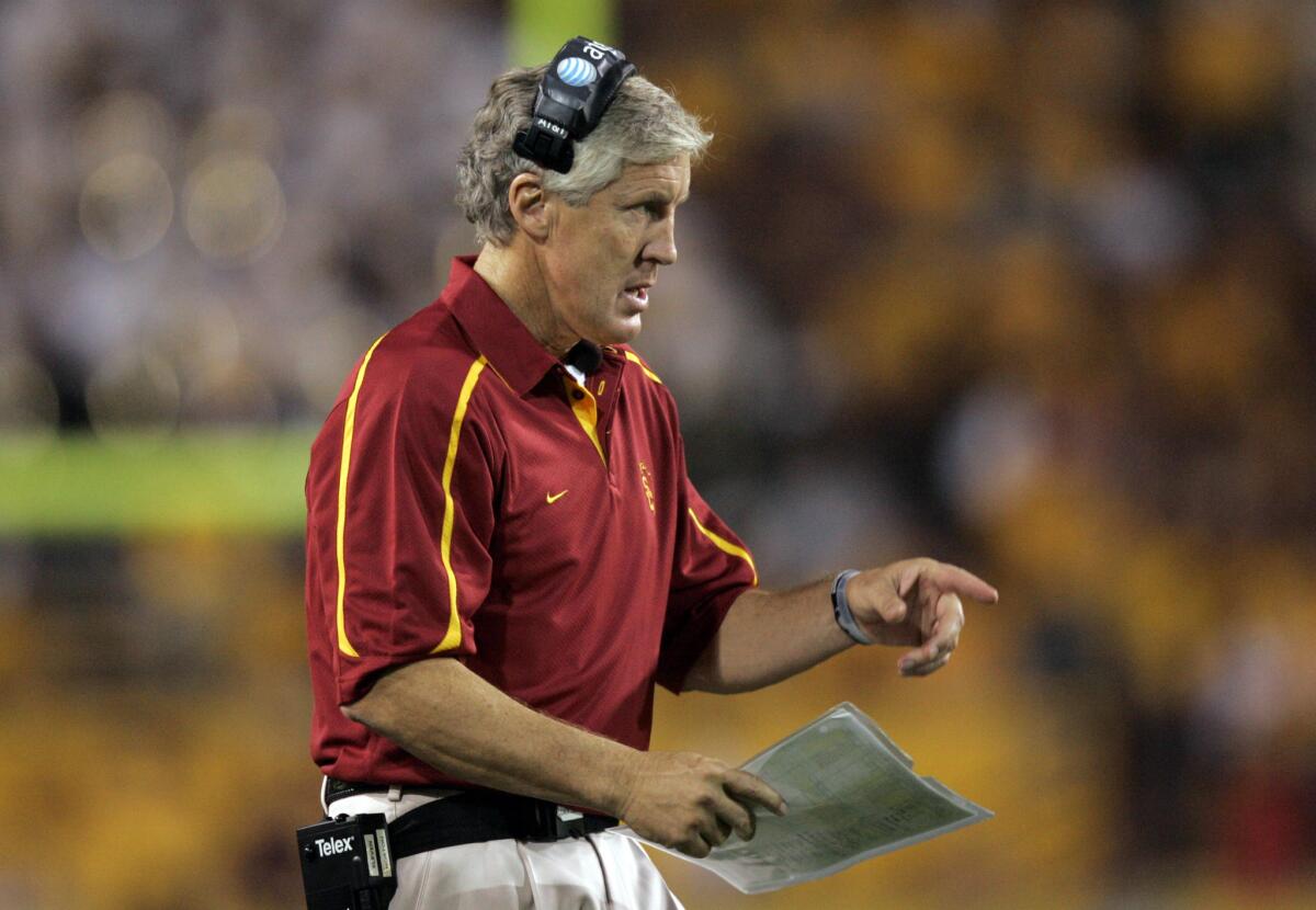 Pete Carroll, shown with USC in 2009, led the Trojans to seven Pac-12 titles between 2001-2009.