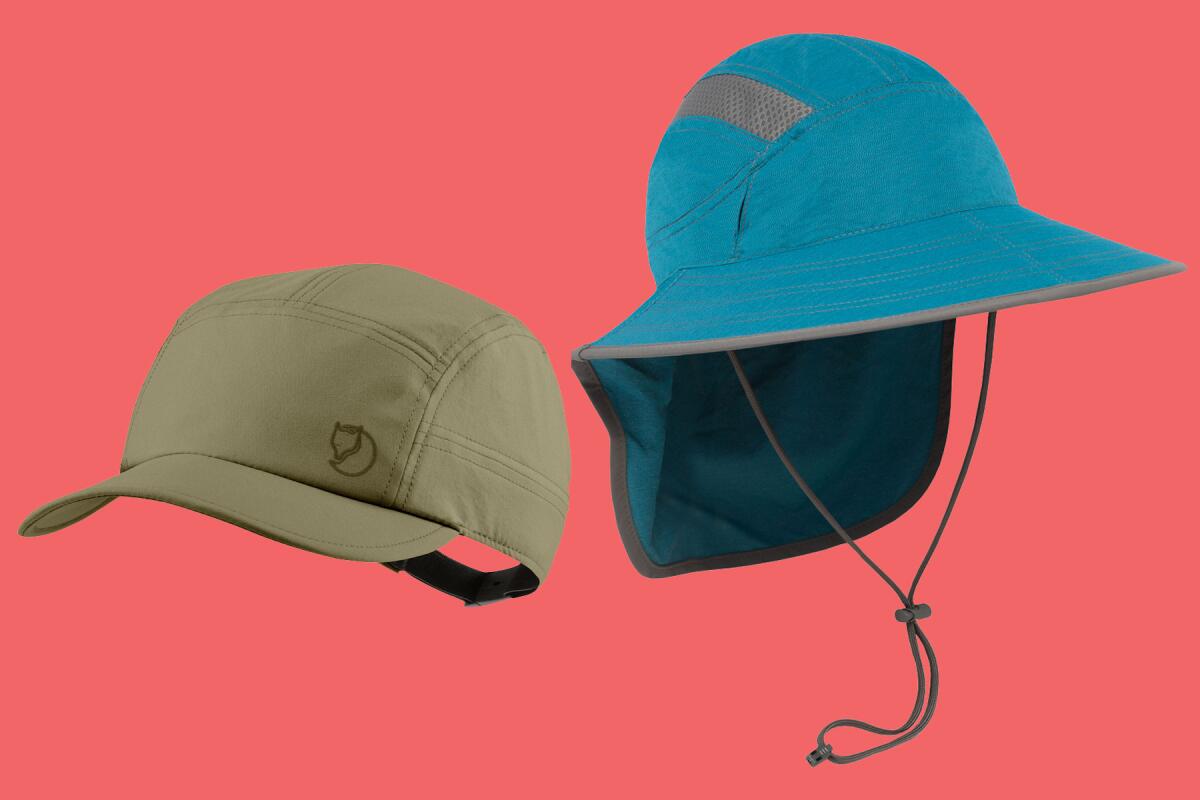 A green ball-cap style hat and a blue brimmed hat with neck shield
