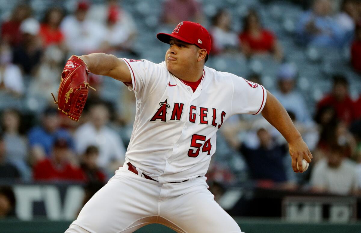 Angels starter José Suarez delivers a pitch during a 6-4 loss to the Washington Nationals on Monday.