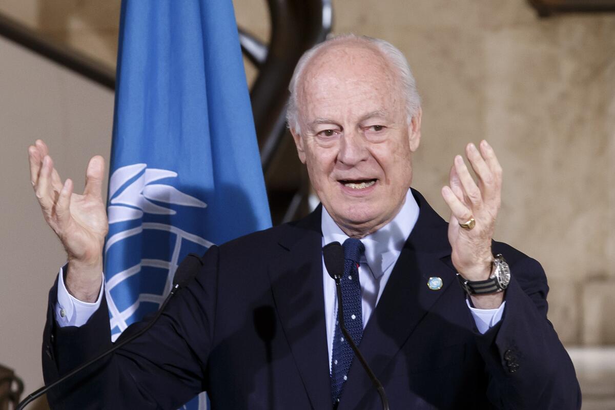 United Nations special envoy to Syria Staffan de Mistura speaks to the media during a press conference after a round of negotiations, at the European headquarters of the U.N. in Geneva on Monday.