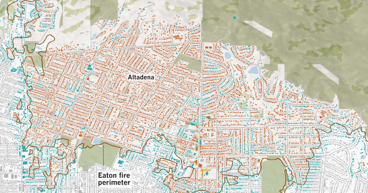 Mapeando os danos dos incêndios em Eaton e Palisades em Los Angeles