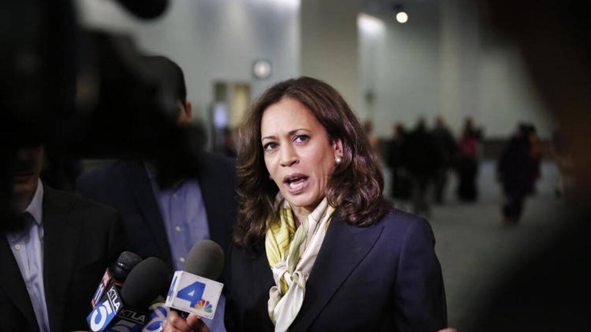 Kamala Harris, California's newly elected U.S. senator, talks to media after speaking at the Eid-al Fitr Services hosted by the Islamic Center of Southern California at the L.A. Convention Center.