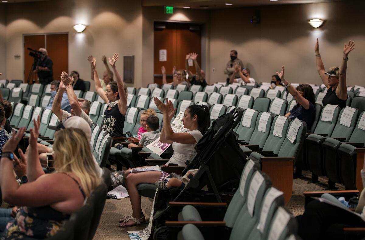 People cheer rescinding of health orders at a Riverside County supervisors meeting.