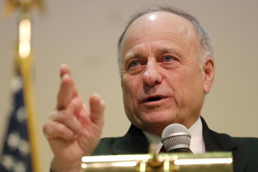 U.S. Rep. Steve King, R-Iowa, speaks during a town hall meeting, Saturday, Jan. 26, 2019, in Primghar, Iowa. King held the first of a promised 39 town hall meetings in his Iowa district since he made racist remarks during a newspaper interview this month that led to a formal rebuke and diminished role in Congress. (AP Photo/Charlie Neibergall)