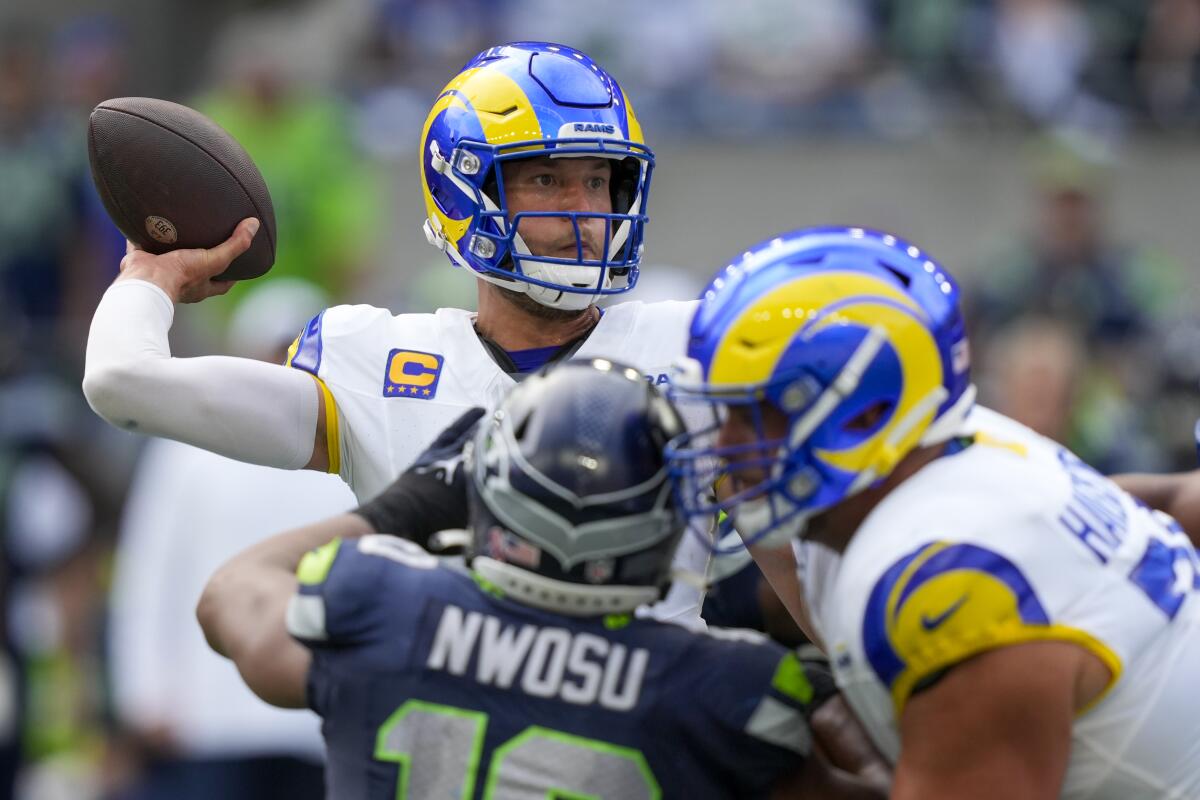  Rams quarterback Matthew Stafford passes against the Seattle Seahawks.