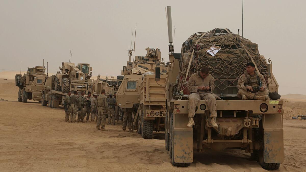 U.S. Marines prepare to build a military site in western Anbar, Iraq, on Nov. 7, 2017.