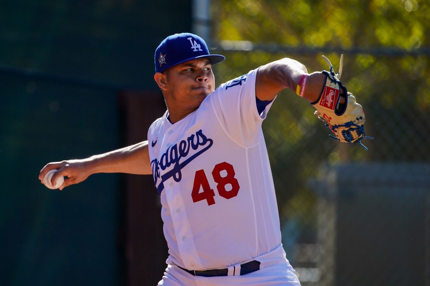 Dodgers reliever Brusdar Graterol pitches during a spring training workout at Camelback Ranch.
