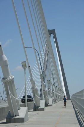 Joggers, cyclists and motorists all share the soaring Arthur Ravenel Jr. Bridge over the Cooper River in Charleston, S.C. The observation decks on the bridge offers wide-ranging city views.