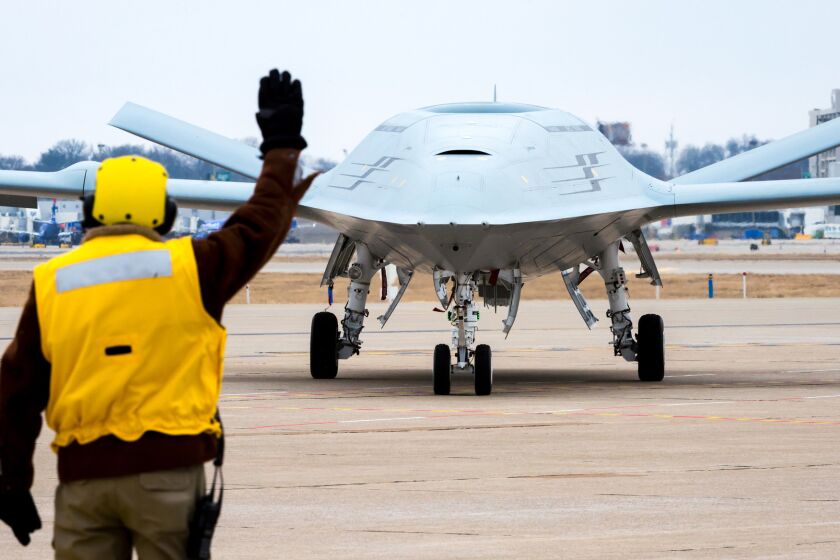 MQ-25 Missions, Deck Handling Demonstration Rehearsals, Day 4, St. Louis, MO_1/29/2018_RMS#311397_MSF17-0064 Series. The MQ-25 is an unmanned combat aircraft system designed to provide refueling capability to extend the combat range of carrier air-wing assets such as the F/A-18 Super Hornet and F-35C Joint Strike Fighter.