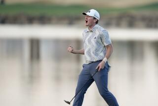 Nick Dunlap reacts after making his putt on the 18th hole of the Pete Dye Stadium Course during the final round to win the American Express golf tournament, Sunday, Jan. 21, 2024, in La Quinta, Calif. (AP Photo/Ryan Sun)