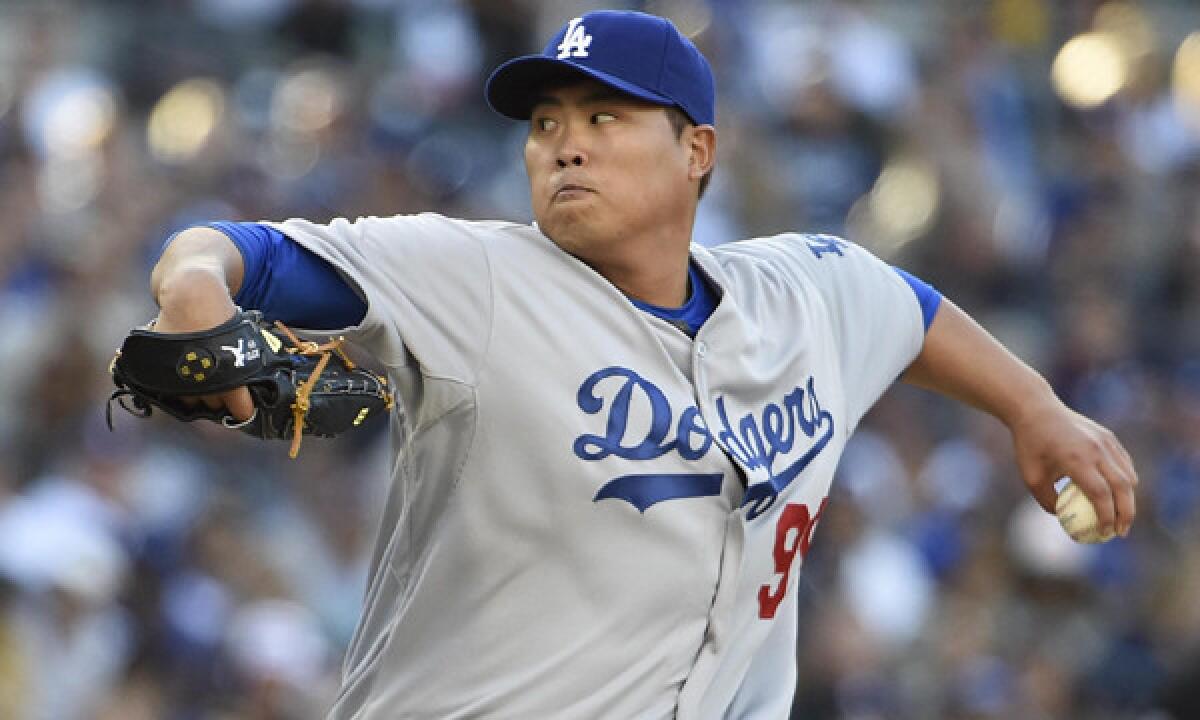 Dodgers starter Hyun-Jin Ryu delivers a pitch during Sunday's game against the San Diego Padres.