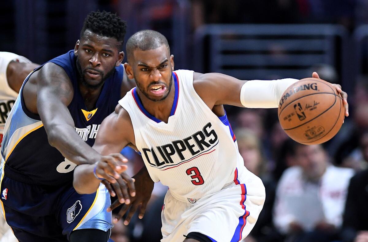 Clippers point guard Chris Paul drives past Grizzlies guard James Ennis on Wednesday night.