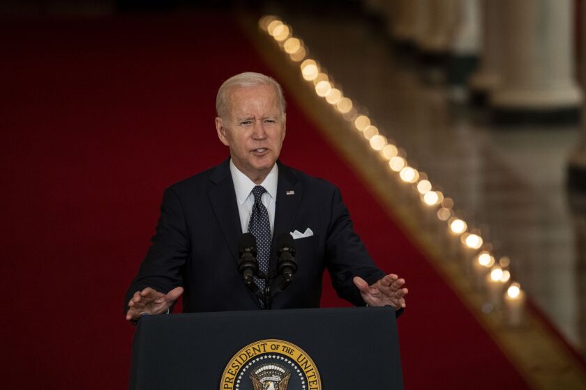 WASHINGTON, DC - JUNE 02: President Joe Biden delivers remarks on the recent mass shootings, imploring Congress to act to pass laws to combat the proliferation of gun violence from the Cross Hall of the White House on Thursday, June 2, 2022 in Washington, DC. (Kent Nishimura / Los Angeles Times)