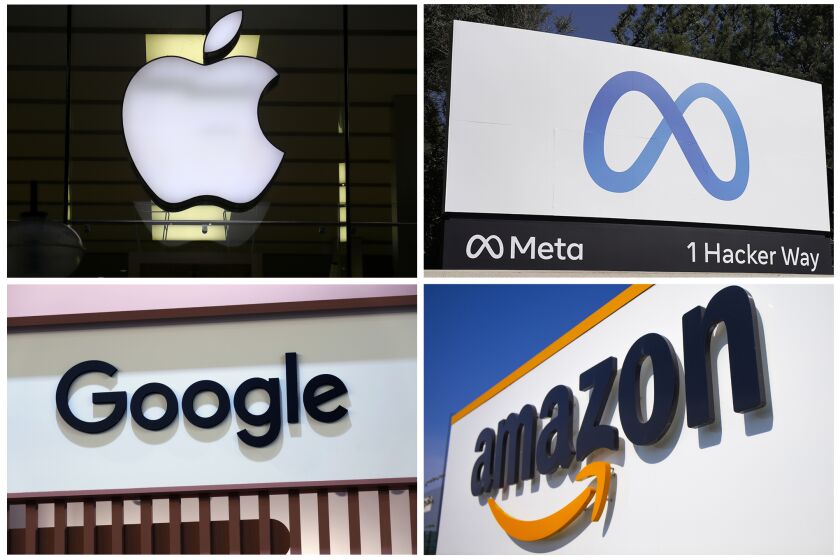 This photo combo of images shows logos for Apple, Meta, Google and Amazon. The House on Thursday, Sept. 29, 2022, approved sharply scaled-down legislation targeting the dominance of Big Tech companies by giving states greater power in antitrust cases and increasing money for federal regulators. The bipartisan measure, passed by a 242-184 vote, pales in comparison with a more ambitious package aimed at reining in Meta, Google, Amazon and Apple and cleared by key House and Senate committees. (AP Photo)