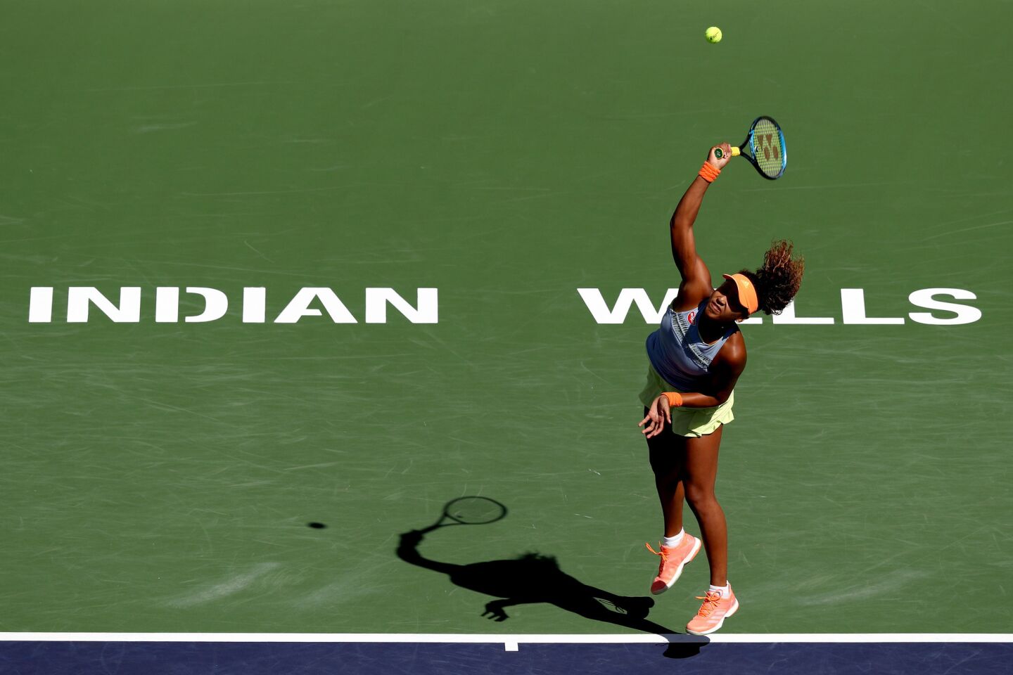 INDIAN WELLS, CA - MARCH 18: Naomi Osaka of Japan serves to Daria Kasatkina of Russia during the women's final on Day 14 of the BNP Paribas Open at the Indian Wells Tennis Garden on March 18, 2018 in Indian Wells, California. (Photo by Matthew Stockman/Getty Images) ** OUTS - ELSENT, FPG, CM - OUTS * NM, PH, VA if sourced by CT, LA or MoD **