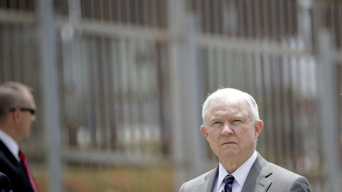 Atty. Gen. Jeff Sessions appears at a news conference in San Diego near the border with Mexico on May 7.