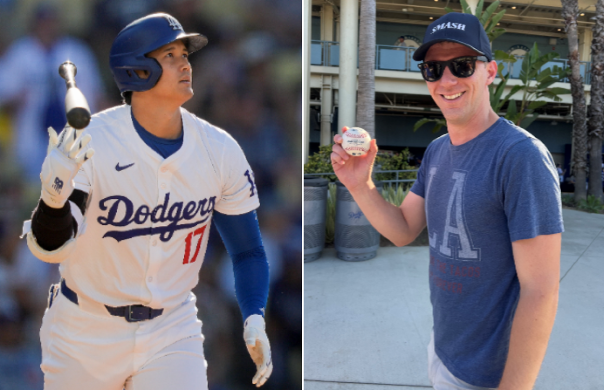 A split image of Shohei Ohtani tossing his bat after a home run and fan Jon Kramer holding the ball in Centerfield Plaza