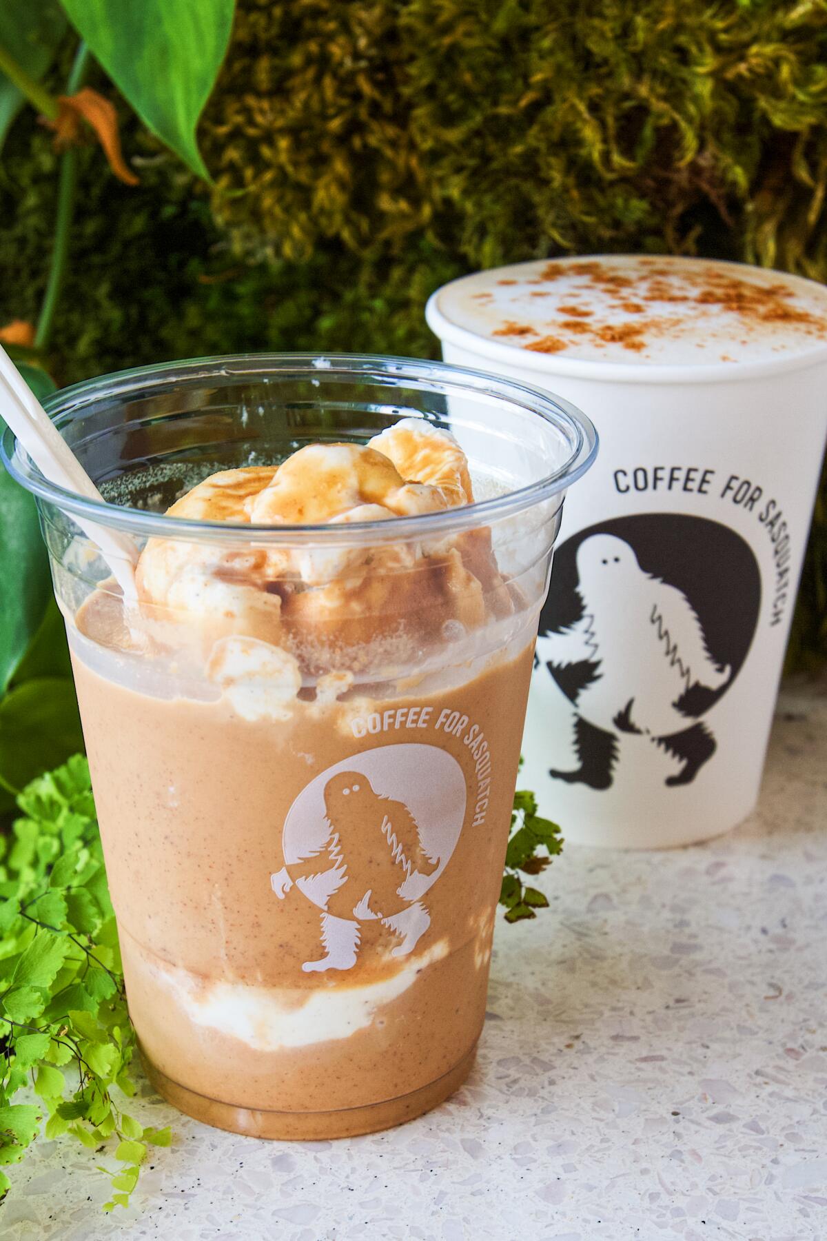 Coffee for Sasquatch hot cinnamon-dusted latte and the cold brew option topped with vanilla ice cream.