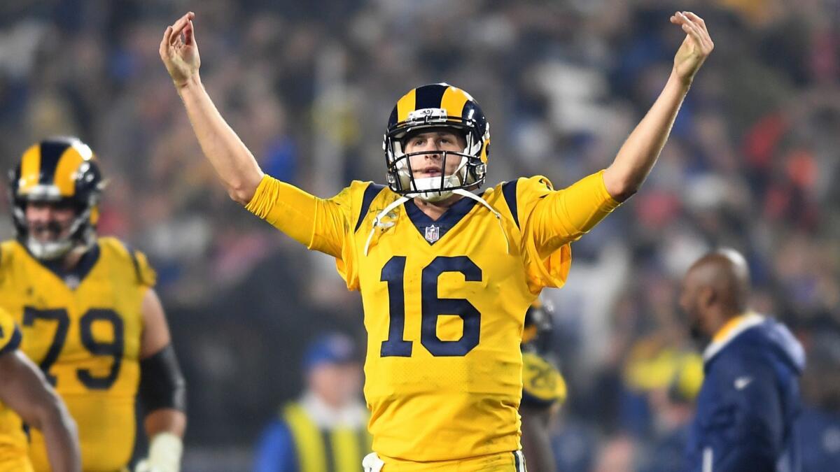 Rams quarterback Jared Goff celebrates at the end of the game against the Chiefs at the Coliseum.