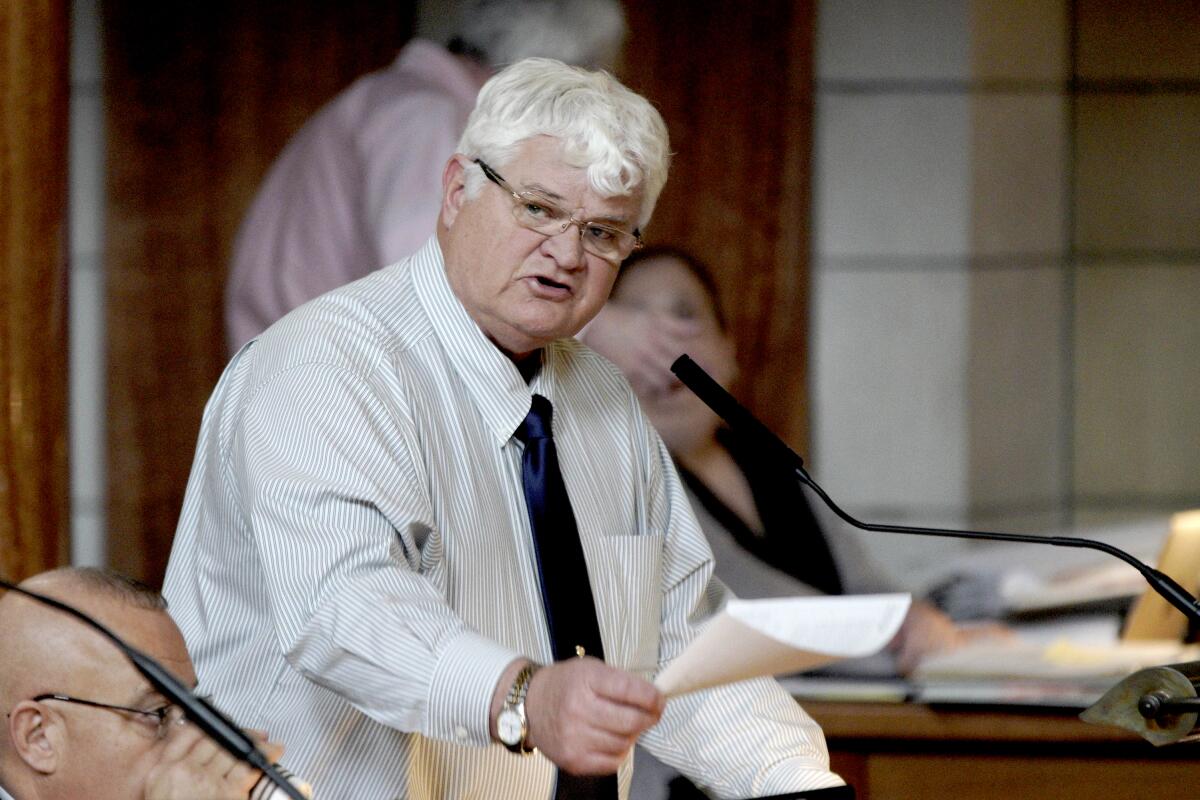 FILE - Former Neb. Sen. Mike Groene of North Platte speaks in Lincoln, Neb., on Feb. 19, 2020. Nebraska's attorney general said he will not file criminal charges against fellow Republican and former state lawmaker Mike Groene over photos the ex-lawmaker surreptitiously took of a woman on his staff. There is not enough information from the results of a Nebraska State Patrol investigation to warrant criminal charges against Groene, a spokeswoman for Nebraska Attorney General Doug Peterson said, Thursday, July 21, 2022. (AP Photo/Nati Harnik, File)