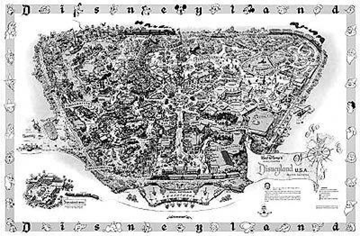 An early Disneyland map created by the company's Sam McKim. The park is surrounded by a "berm," designed to keep audible and visible intrusions outside the park's gates.