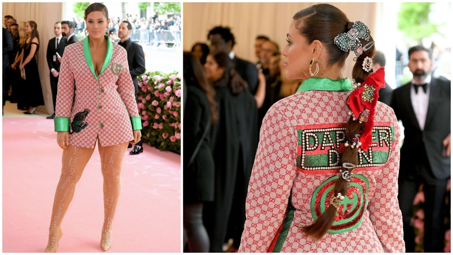 Model Ashley Graham wears a custom Gucci blazer designed in collaboration with Dapper Dan.