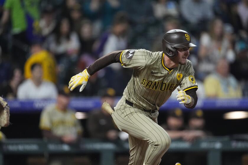 San Diego Padres outfielder Jackson Merrill (3) in the sixth inning of a baseball game Wednesday, April 24, 2024, in Denver. (AP Photo/David Zalubowski)