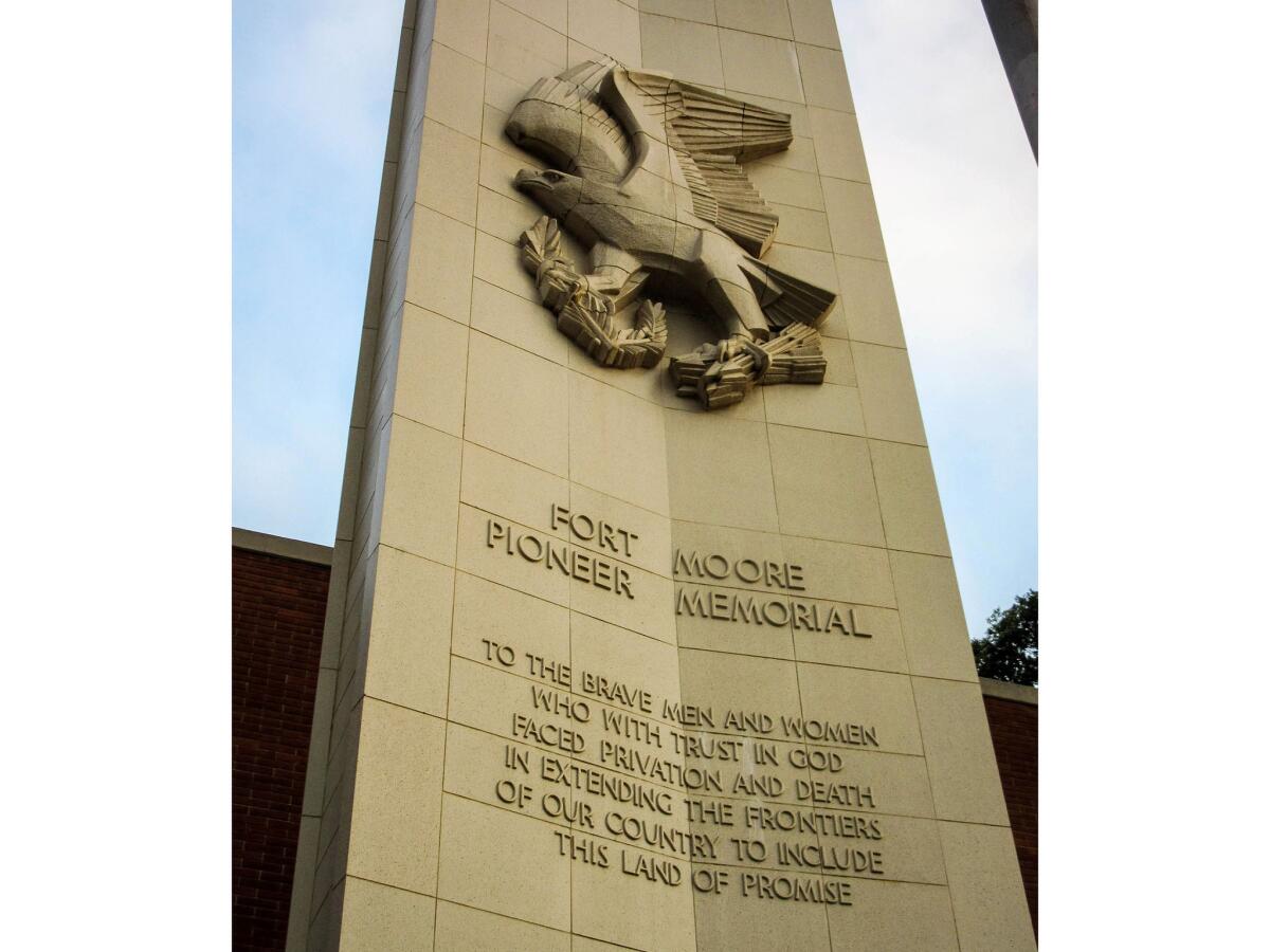 July 18, 2016: Part of the Ft. Moore Pioneer Monument on Hill Street, downtown Los Angeles.