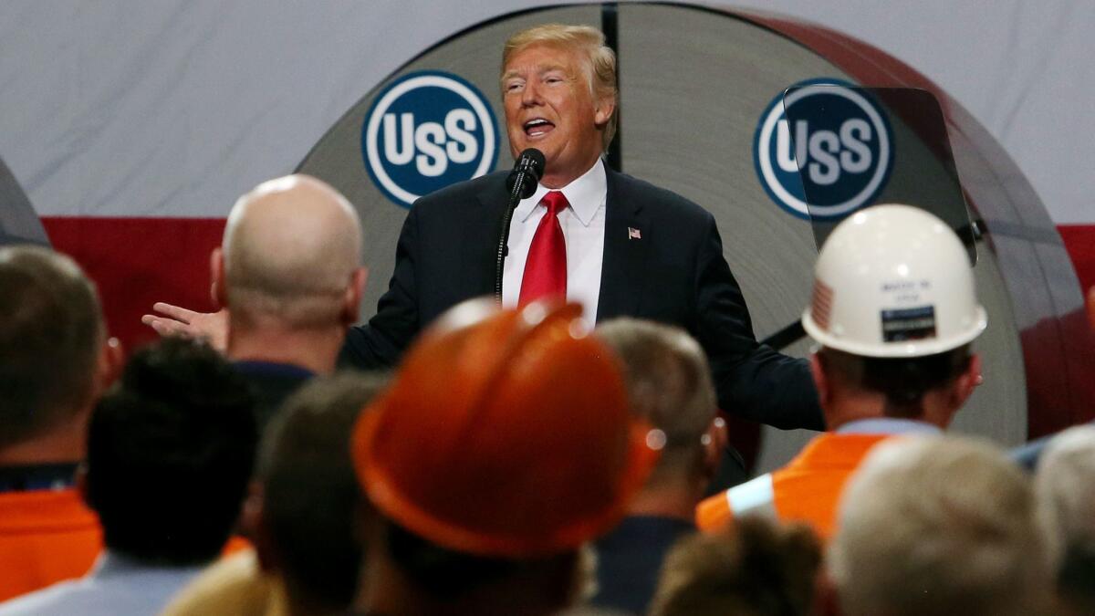 President Trump addresses steel workers at United States Steel Corp.'s Granite City Works in Illinois in July.