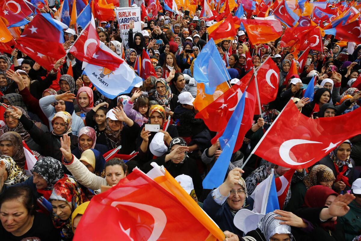 A rally of the Justice and Development Party, or AKP, is held in Ankara, Turkey, on Saturday, a day ahead of the nation's parliamentary election.