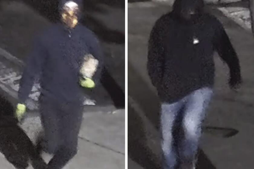 A split image of two walking masked figures - both wearing hoodies over their head. Person at left is caring an object.