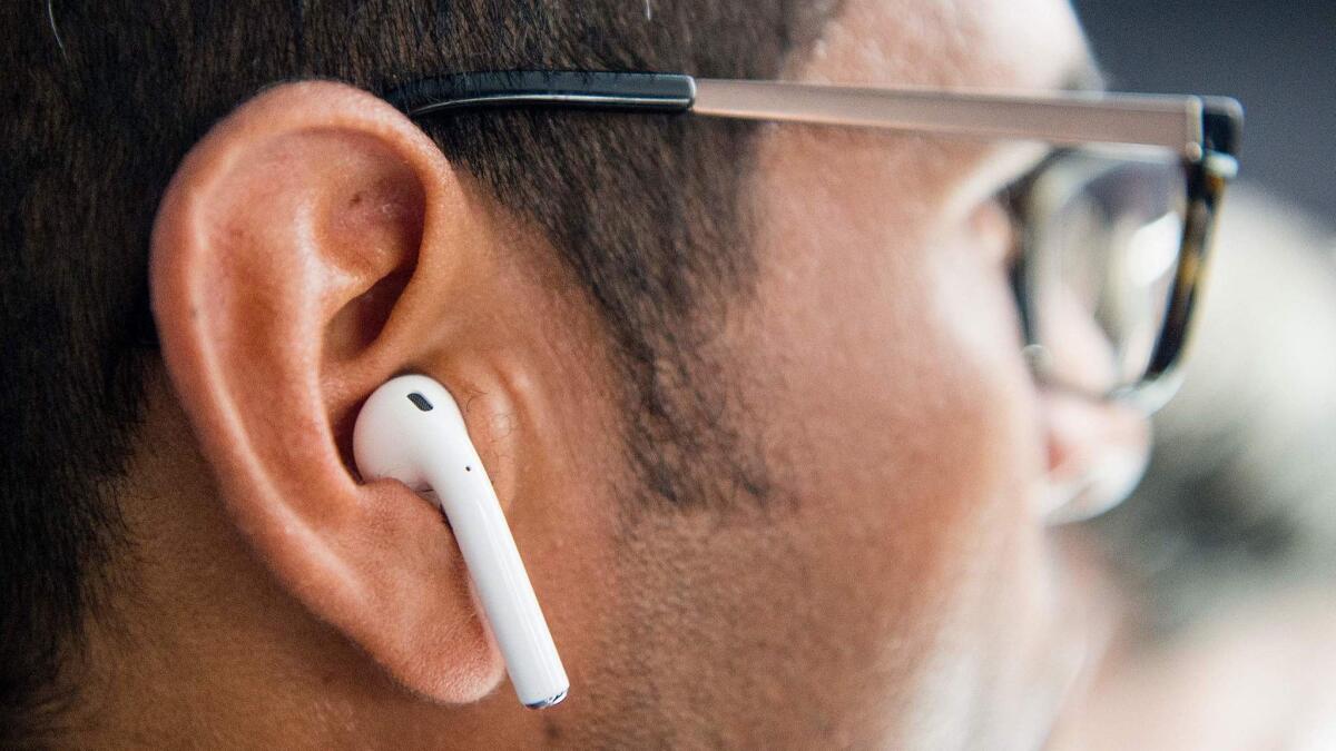 Apple's first-generation wireless AirPods are tested during an event at Bill Graham Civic Auditorium in San Francisco on Sept. 7, 2016. There has been no change to the exterior design of the second-generation model.