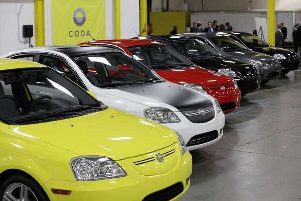 Chinese-manufactured electric Coda vehicles are unveiled in November 2011. The Los Angeles-based company, backed by billionaire Philip Falcone, has filed for bankruptcy.